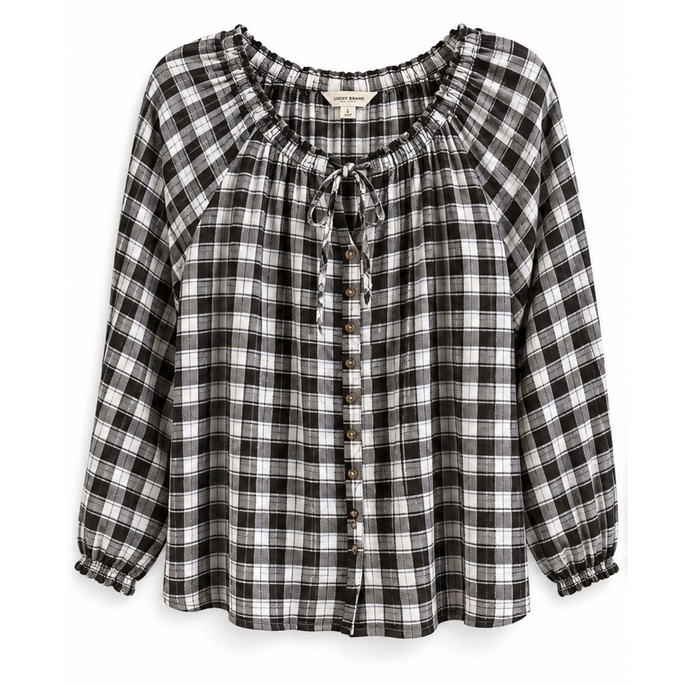 Lucky Brand Women Large Plaid Peasant Blouse Black White Tie Neck Boho Top